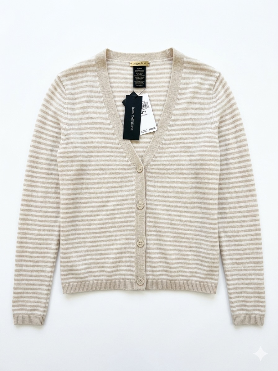 Magaschoni 100% Cashmere Striped Beige And Cream V-Neck Cardigan Sweater